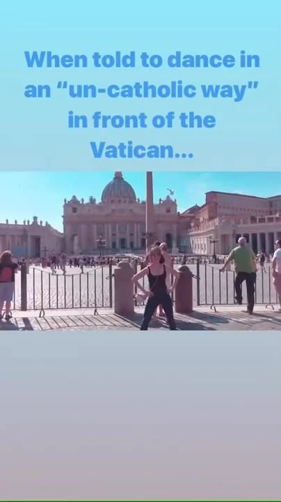 Alison Brie dancing in front of the Vatican