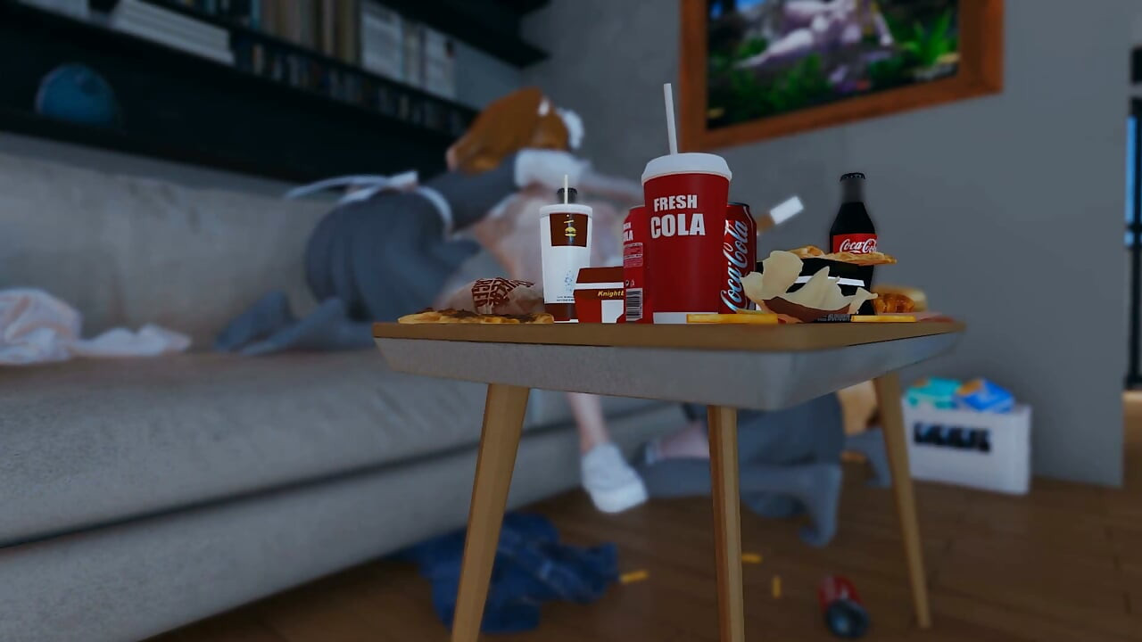 Fast Food Diva. Two Maids Pleasure Their Mistress While Watching TV. Emptie41