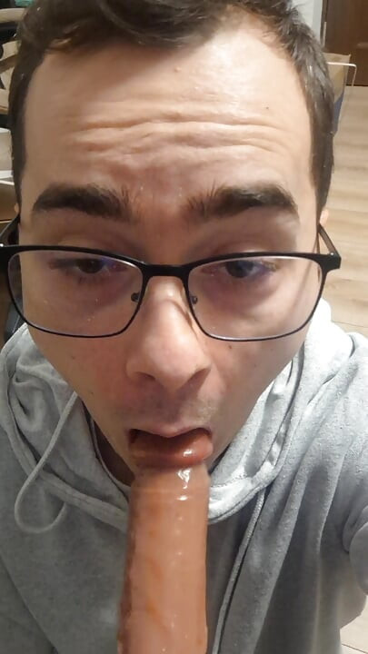 College boy sucks daddy's cock until he cums in his mouth (dildo)