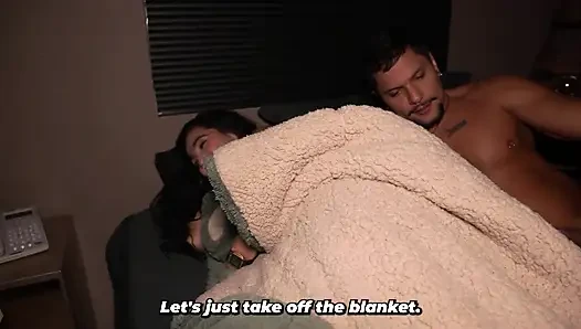 Hotel bed. Coworkers enjoy great sex sharing the same hotel bed.