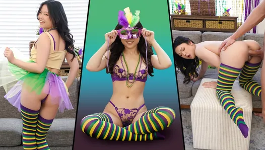 Minúscula asiática Lulu Chu comemora Mardi Gras levando pau gigante em todas as posições - Exxxtra Pequena