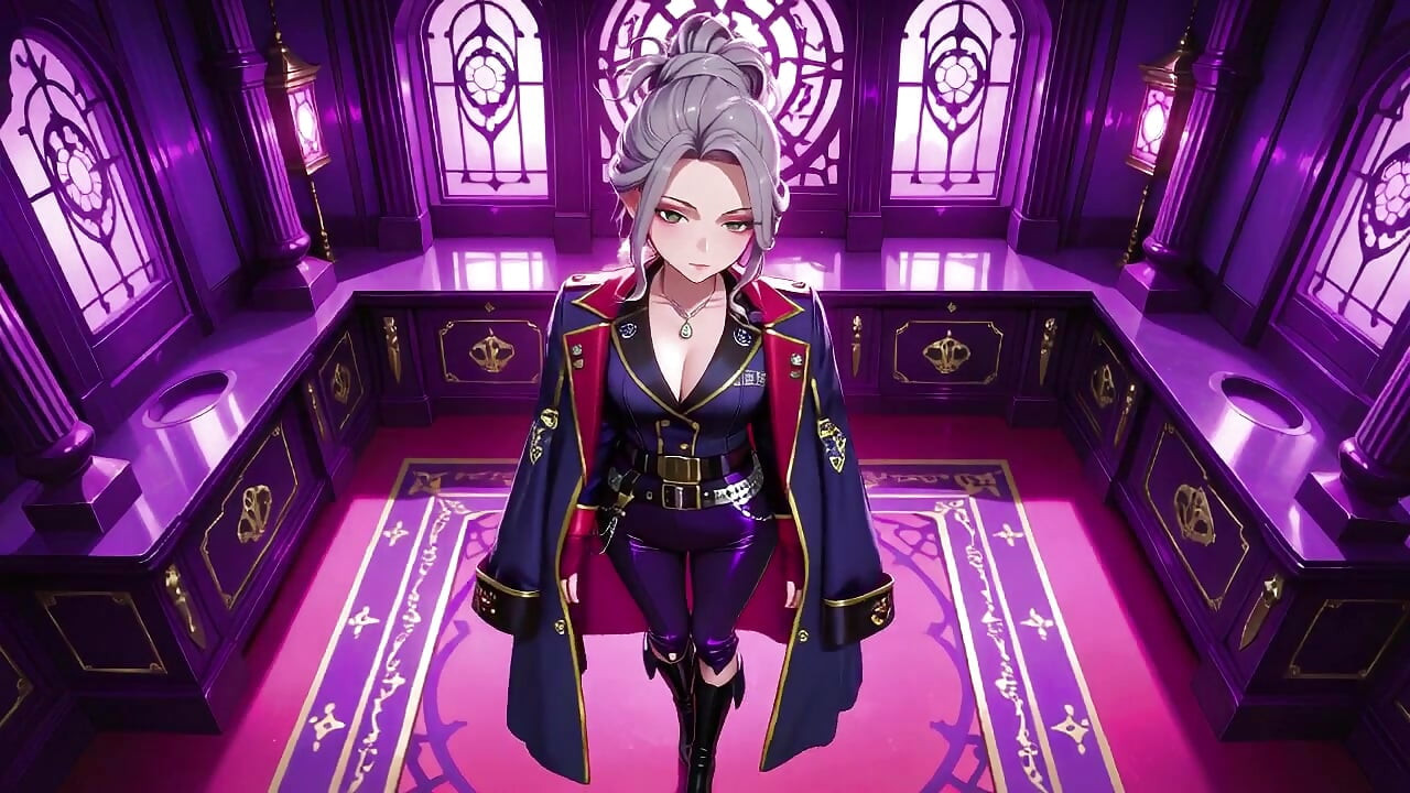 Silver-Haired Pirate Queen! Sun-drenched ship cabin, navy uniform slightly damp, kneeling with a teasing gaze.