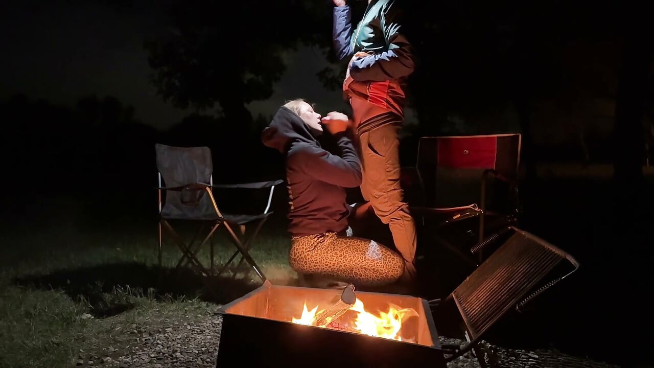 Wife caught masturbating in public restroom, then fucked by the campfire