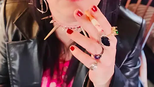 Leather Coat & Tip To Taiing Cigarettes With The British Stunner, Tina Snua. High Heels Smoking Smoker Smokes
