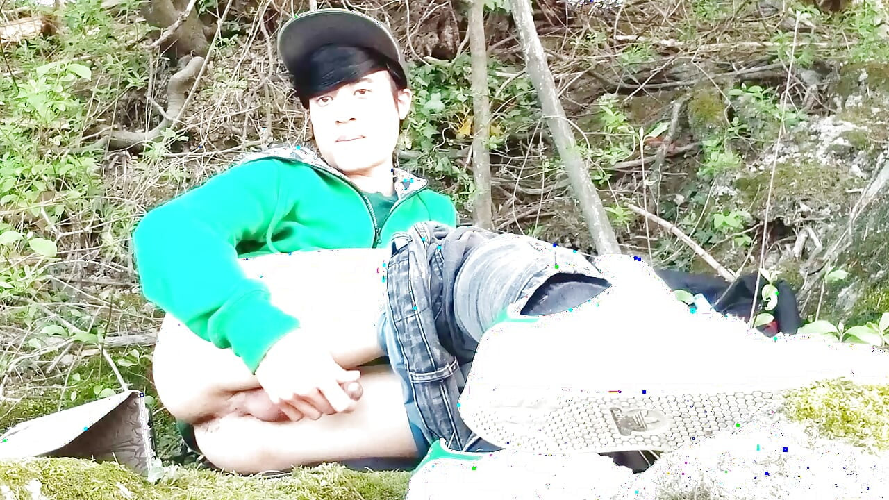 Risky masturbation outdoors a man's voice caught this cute gay twink with his balls hanging out, jerking off his uncut foreskin