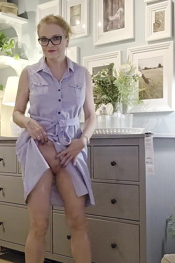 Blonde Horny in Public Place - Flashing at Furniture Shop