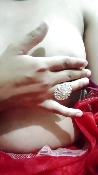 Indian Gay Crossdresser Bottom Gaurisissy Pressing Her Big Boobs and Feeling Horny in Red Saree with Heavy Jwellery