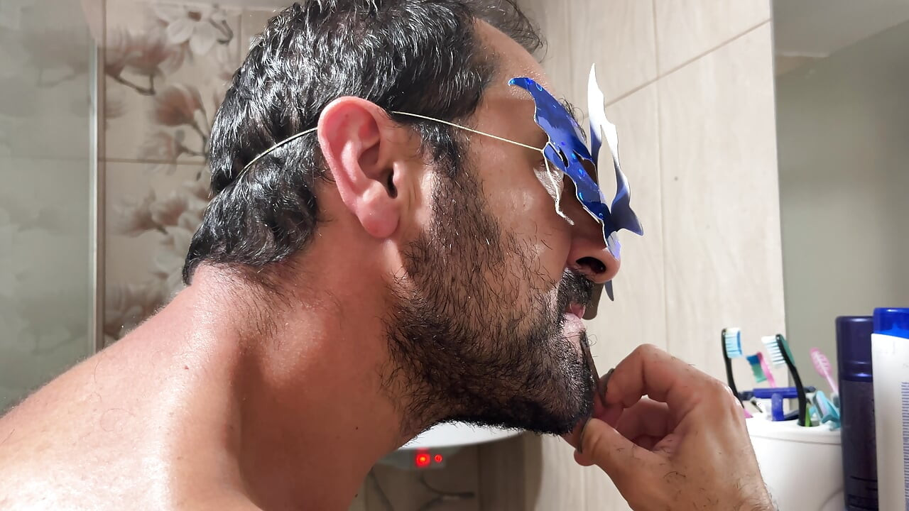 Grooming Routine Earl Smile Trimming Beard With Scissors In Bathroom