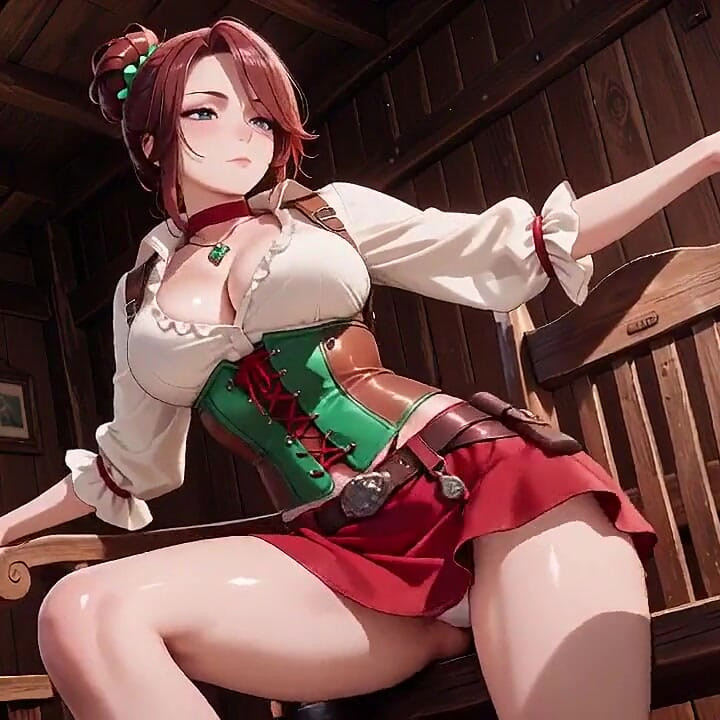 Lazy Tease on the Sun-drenched Porch, Corset Cinching Her Curves, Fingertips Grazing Chest, That Taboo Gaze in the Sunlight