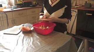 Sexy Dressed Wife Preparing Food in the Kitchen