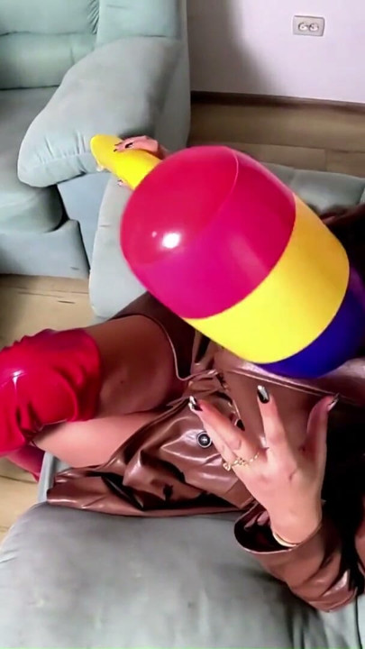 Dominant Leather MILF with Giant Inflatable Hammer. Doggy, Cum Play and Popping | Clip 1