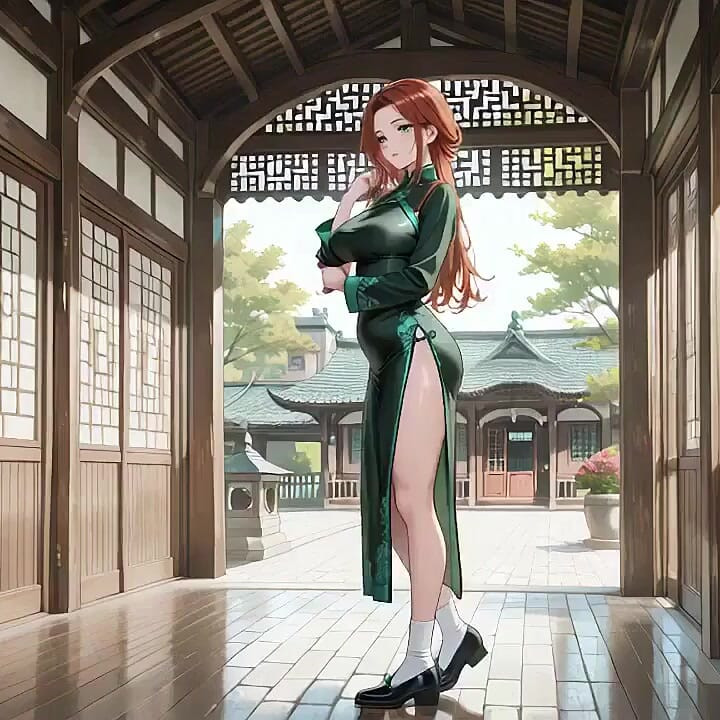 مو قرمز و زمرد Qipao! اغوای تنبلی در حیاط شرقی