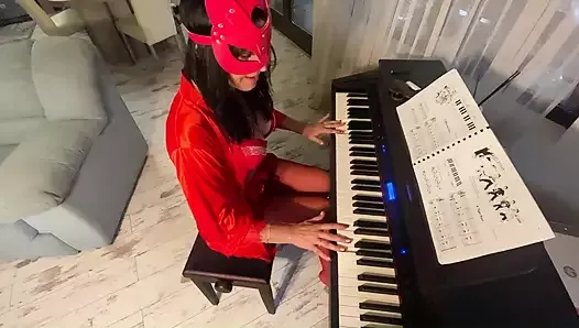 Hot step-mom feeding her ass and pussy with piano teacher