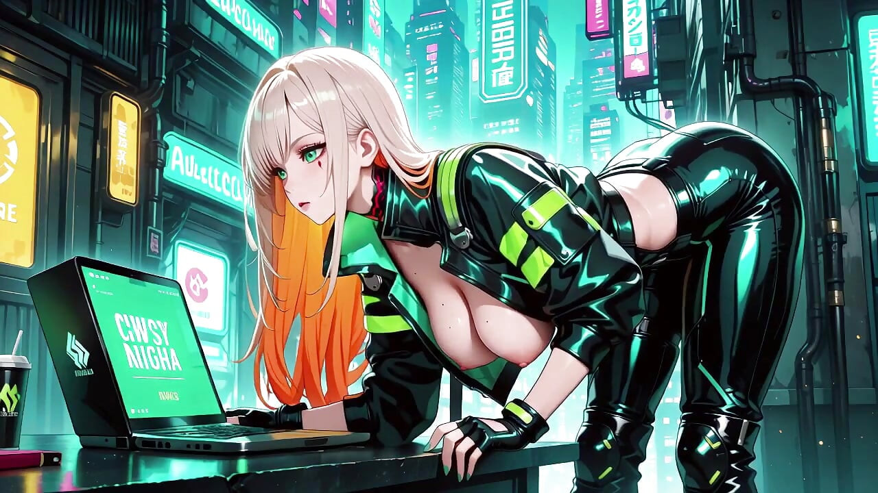 Neon Rain Night! Blonde Agent in Wet Leather Crouching Low, Holographic Glow & Cold Glances.