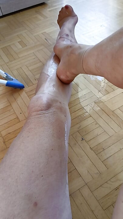 Feet in wet nylon socks