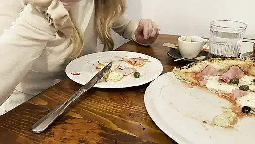 Having Pizza in a sheer blouse in public  in a restaurant exposing my big nipples