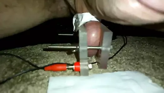 Balls crushed in vice and electrocuted with estim and cum