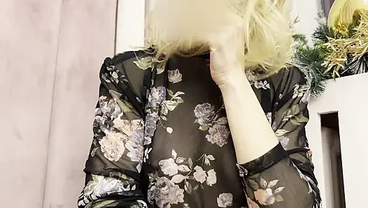 Trying my new sheer blouse in a caffe, showing my hard pierced nipples in public.