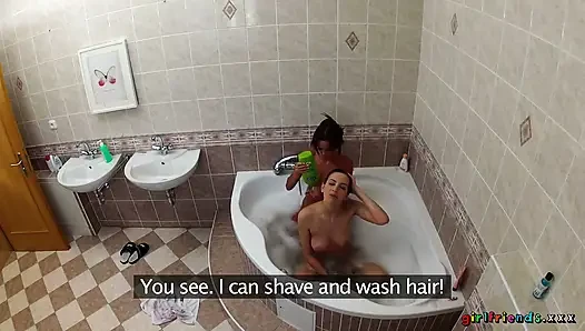 Girlfriends XXX - Lesbians Wash Each Other's Wet Pussies in the Bathtub