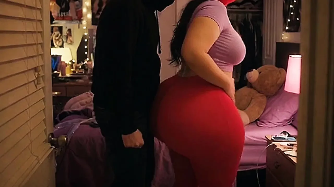 Big Ass Girl in Tight Red Leggings Gets Pressed Hard from Behind