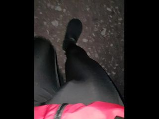 Walking with latex jogging thights in public with big bulge