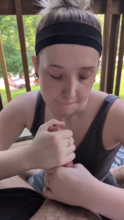 Blonde beauty giving a wet blowjob on the patio | Clip 1