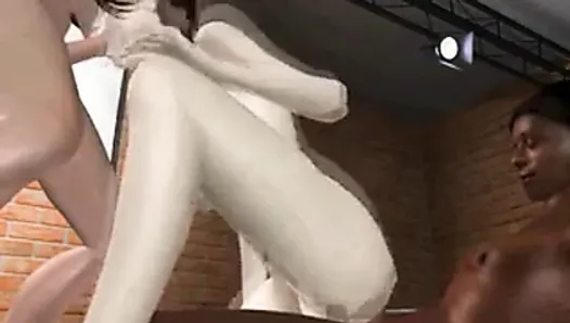3D slut sucking two cocks in an interracial three way