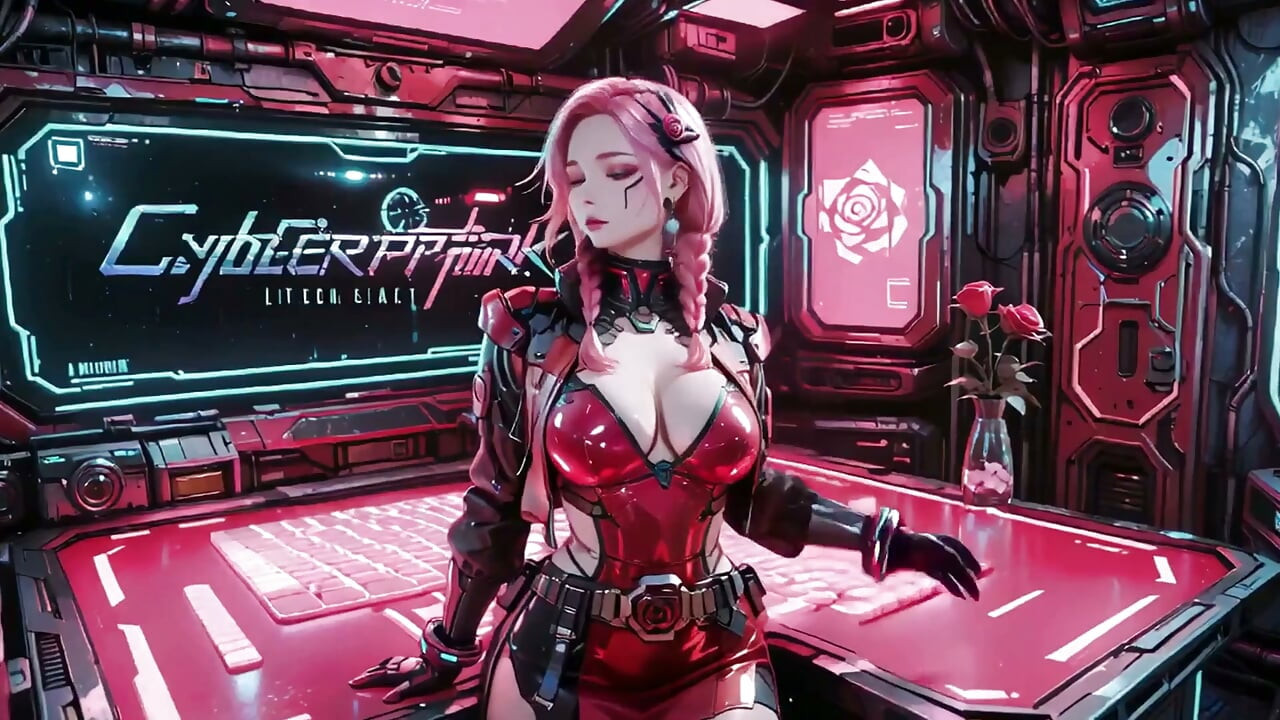Mech Warrior berambut merah jambu! Melutut di Neon Streets, Red Rose & Cold Armor Contrast.