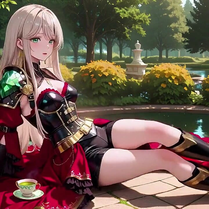 Fantasía prohibida en armadura roja y verde! Rubia Knight se relaja seductoramente mientras su pareja de pelo plateado se arrodilla para servir