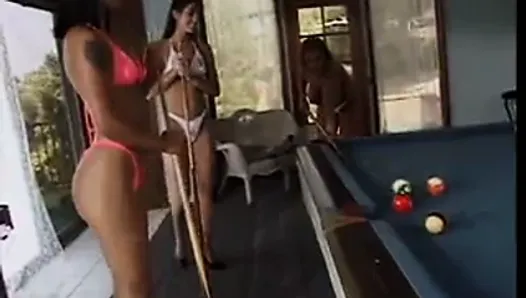 Girls with big tits in bikinis play strip pool