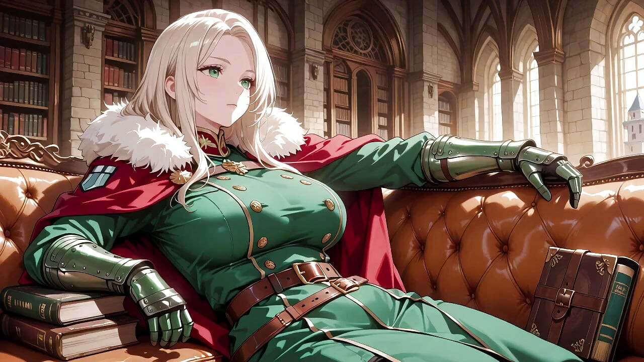 Blonde Knight's Afternoon! Green Uniform Golden Mechanical Arms, Lazily Contemplating in Ancient Stone Ruins.