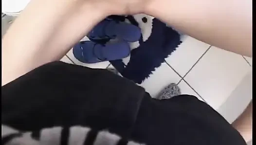 Sweet teen with small tits dildoing pussy and sucking dick in the bathroom