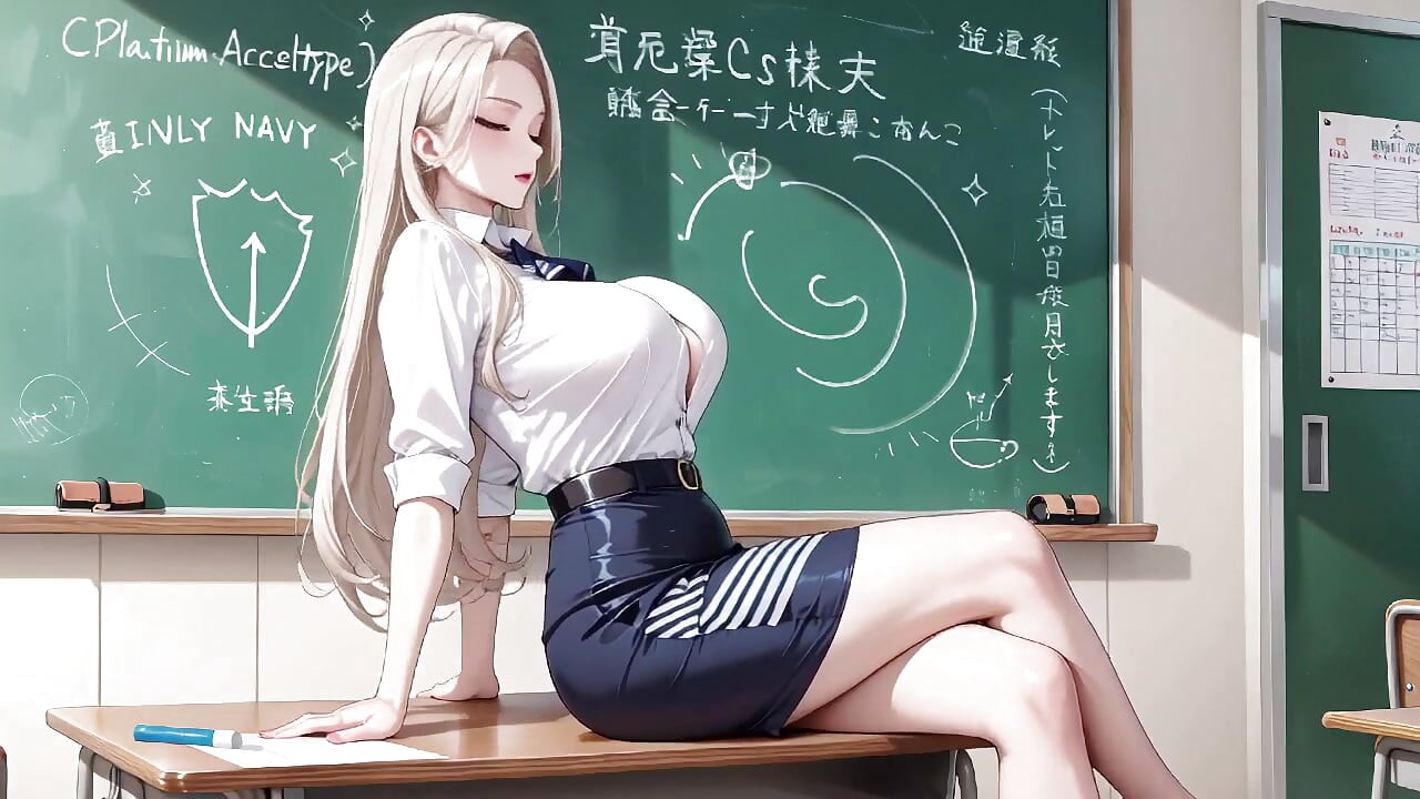 Blond nauczycielka! Fatalne uwodzenie Pod otwartą białą koszulą, leniwie opierając się na biurku w klasie.