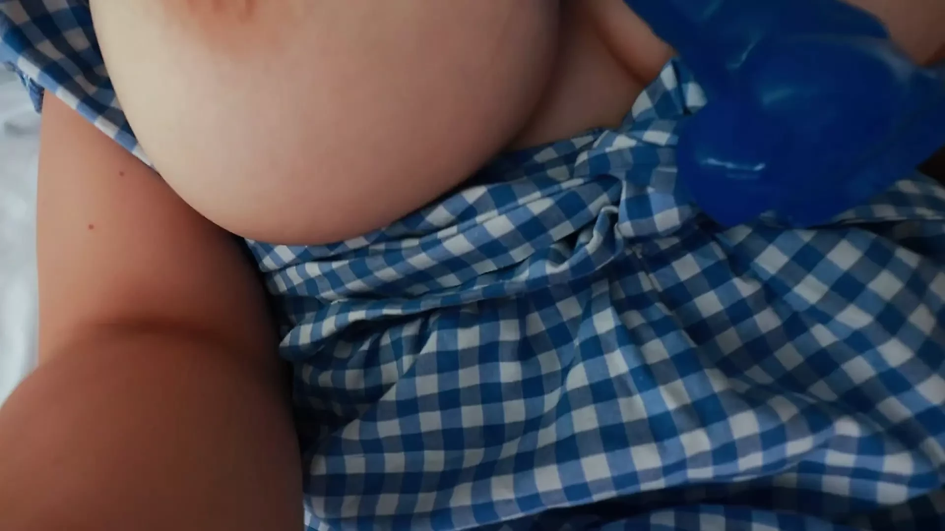 MILF masturbation in a beautiful blue dress
