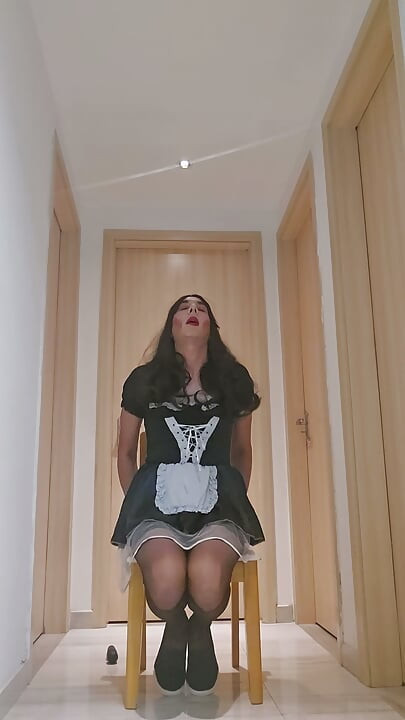 Sissy maid rides dildo while wanking