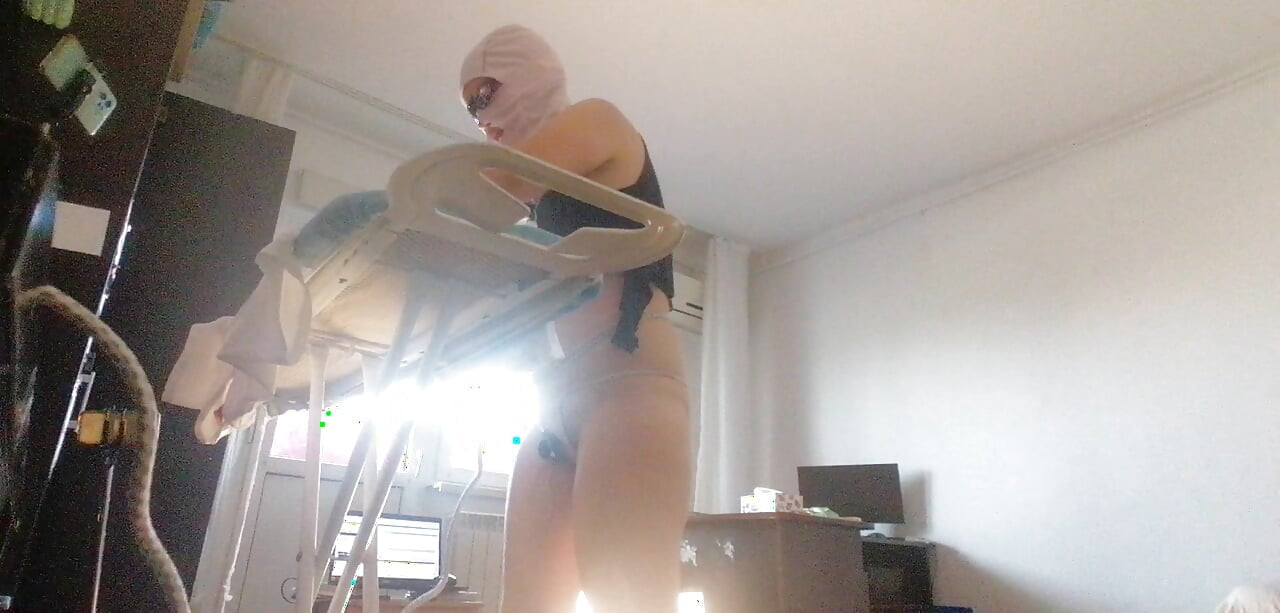 Sexy wife doing housework naked. Brunette, hairy pussy, big ass, big tits. Sexy mom massages herself with a vibrator.