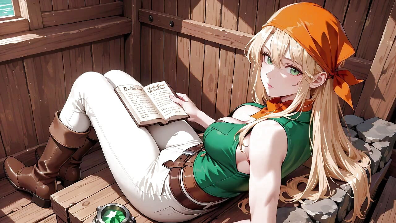 Blonde Pirate Captain! Green Uniform & Rough Ropes on a Sunny Deck. Languid Poses, Long Legs Exposed, and That Teasing Gaze