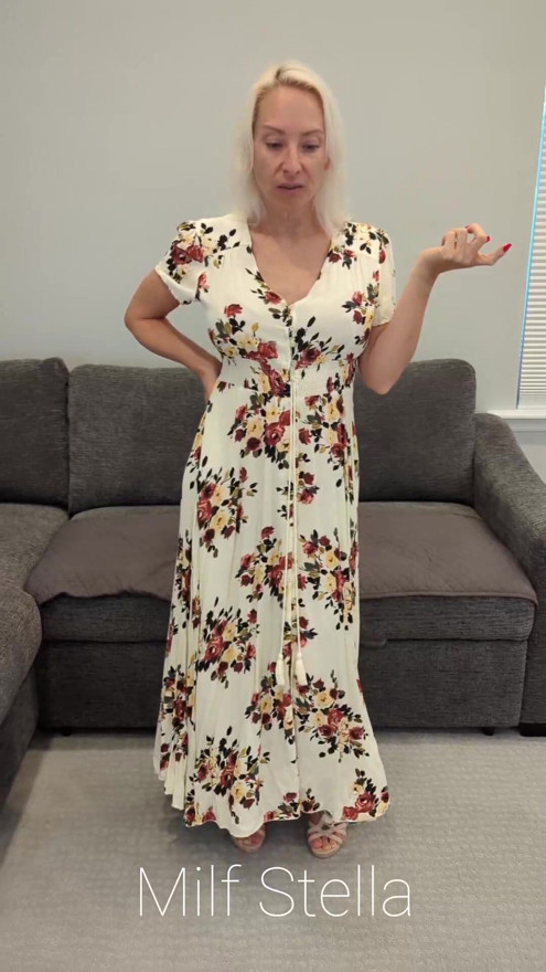 Long Floral Dress & Tan High Heels Try On