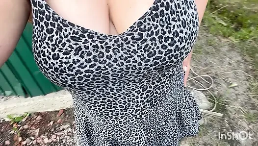 Ginger Beauty with Huge Tits Strolling in Her Backyard