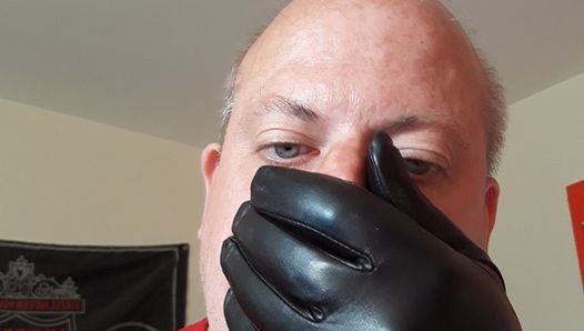 Horny leather gloves cum