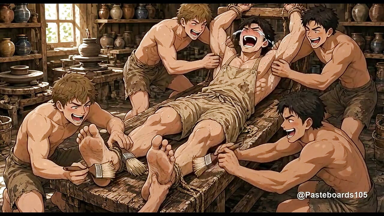 Tied Down In The Pottery Studio - Ceramics Student Tickled By His Classmates (2D Anime)