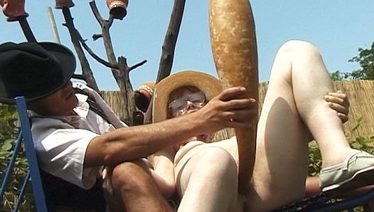 hairy granny outdoor fucked with huge turnip