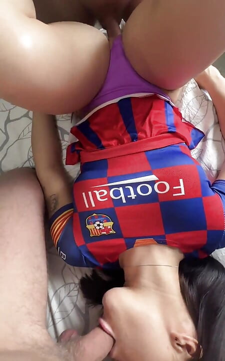 Hot Cheerleader with a Big Ass Fucks Two Cocks