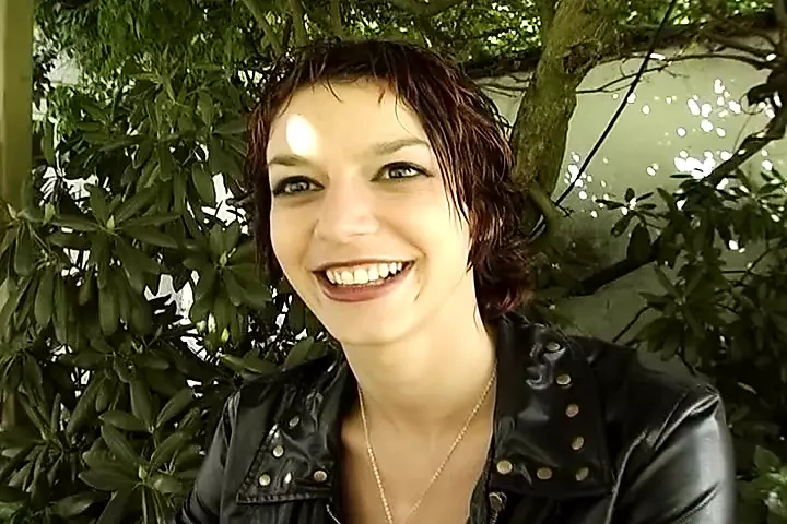 Slender French girl swallowing cum at the backyard
