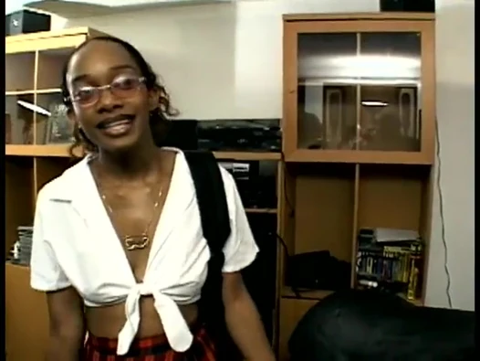 Black girl in college outfit rides big black cock and takes a load on her face