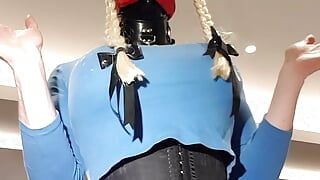 Huge tits hooded and gagged sissy slut dancing in front of her camera
