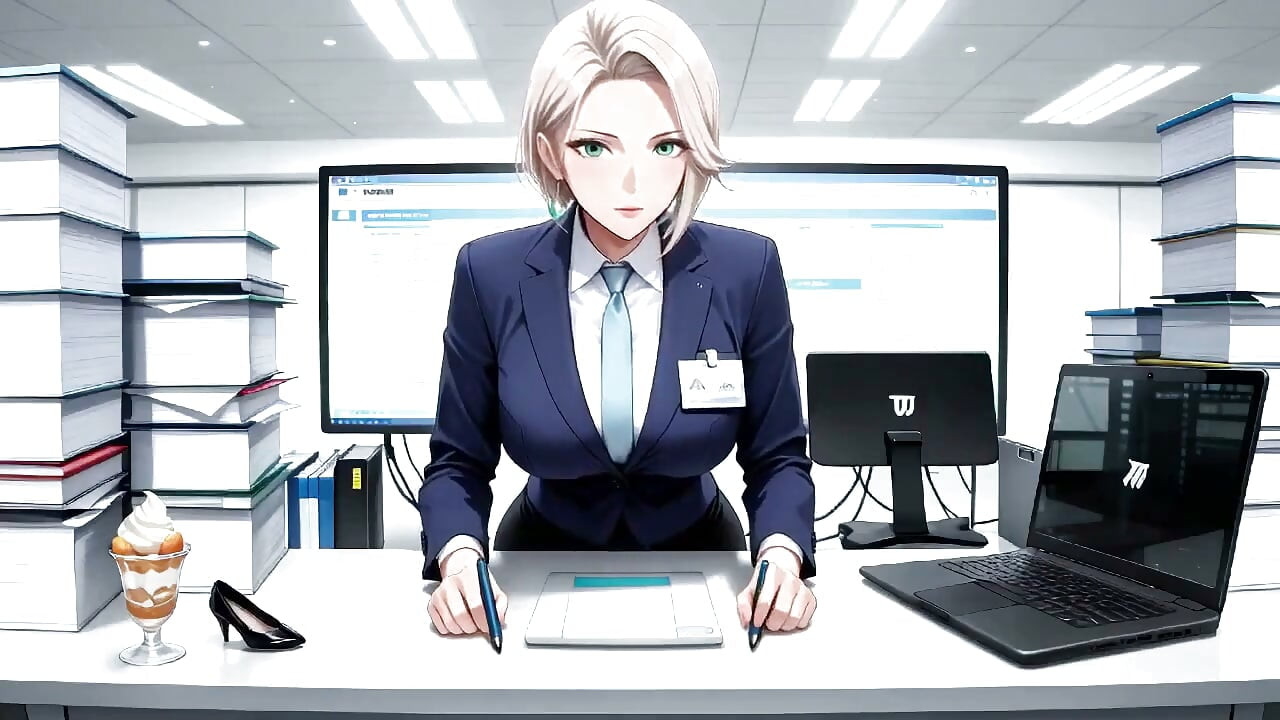 Kneeling on the Desk Amidst Piles of Files, Adjusting Her Collar with Those Teasing Eyes. Who Can Handle This?
