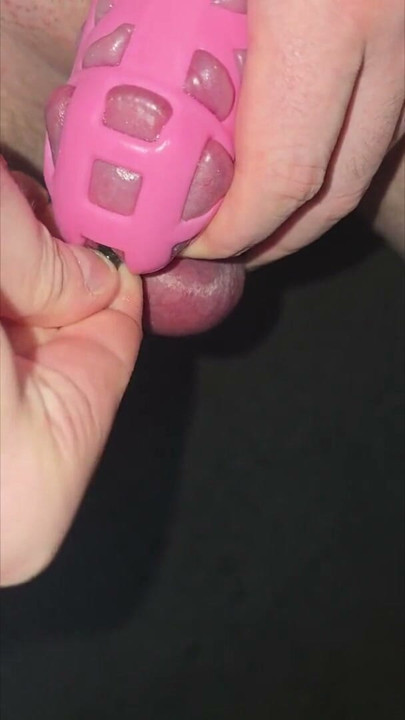 Accidentaly inserting my penis plug all the way into my cock while wearing a pink cock cage and many cock rings around my balls. | Clip 1