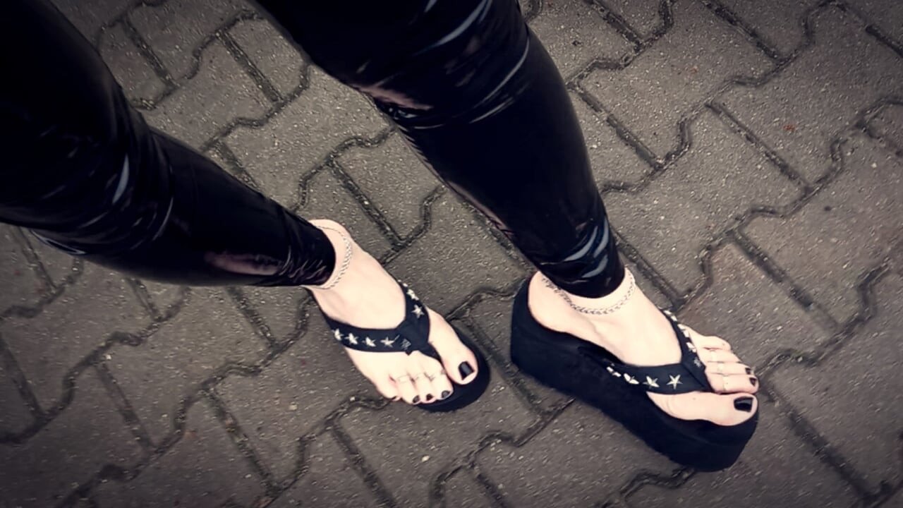 public crossdressing - latex leggings and thong platforms