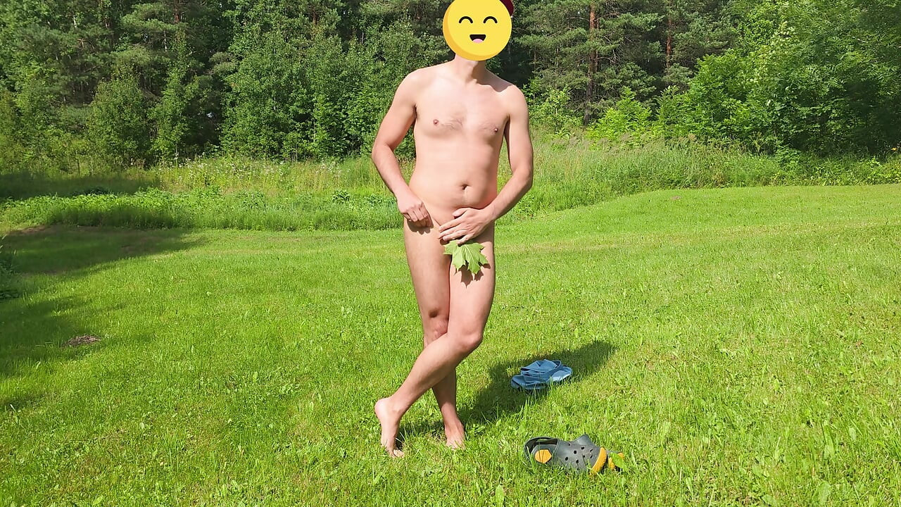 Cumming outdoors with a help of banana peel